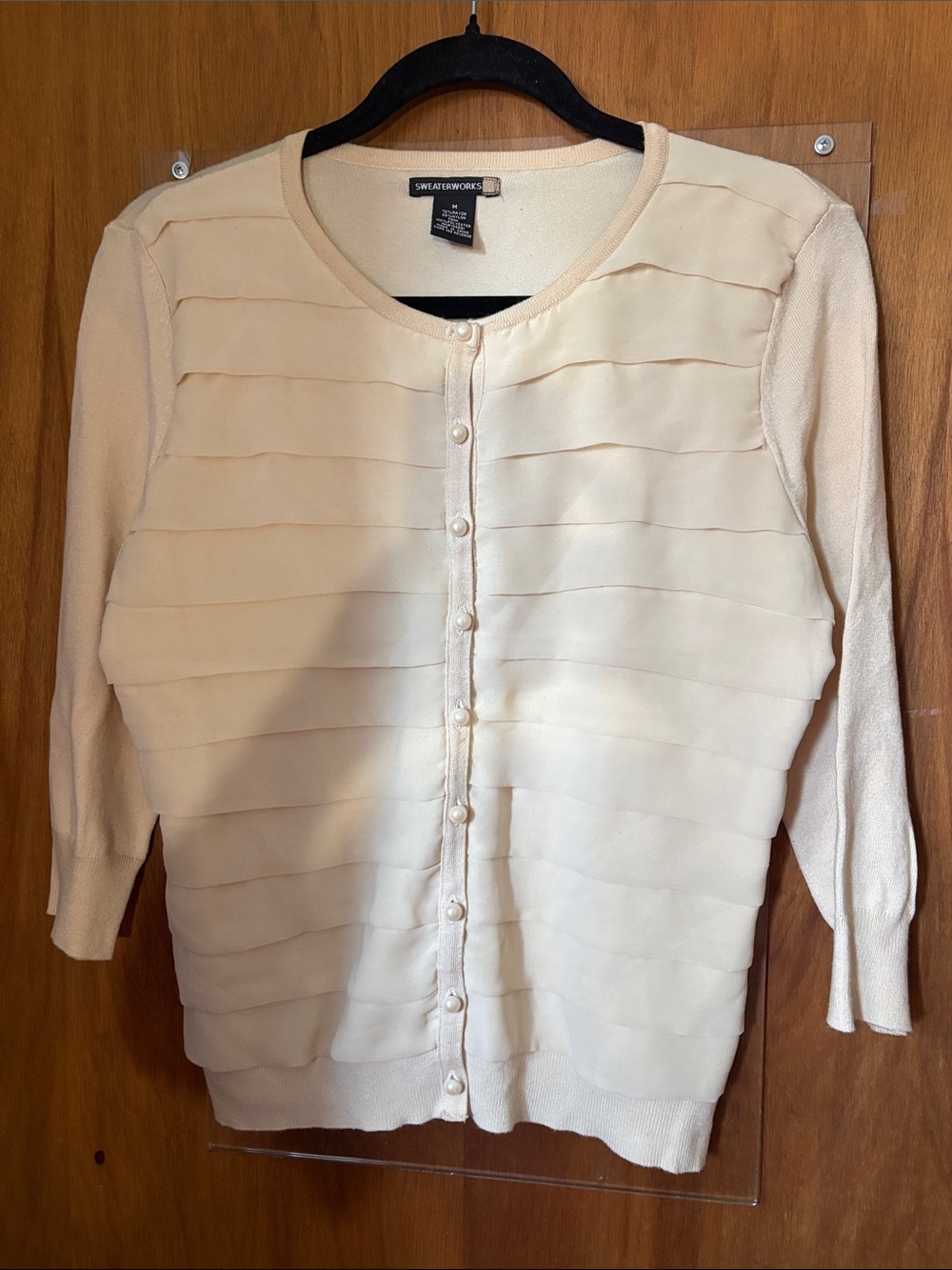 Sweaterworks Cream Pleated Front Pearl Button Cardigan